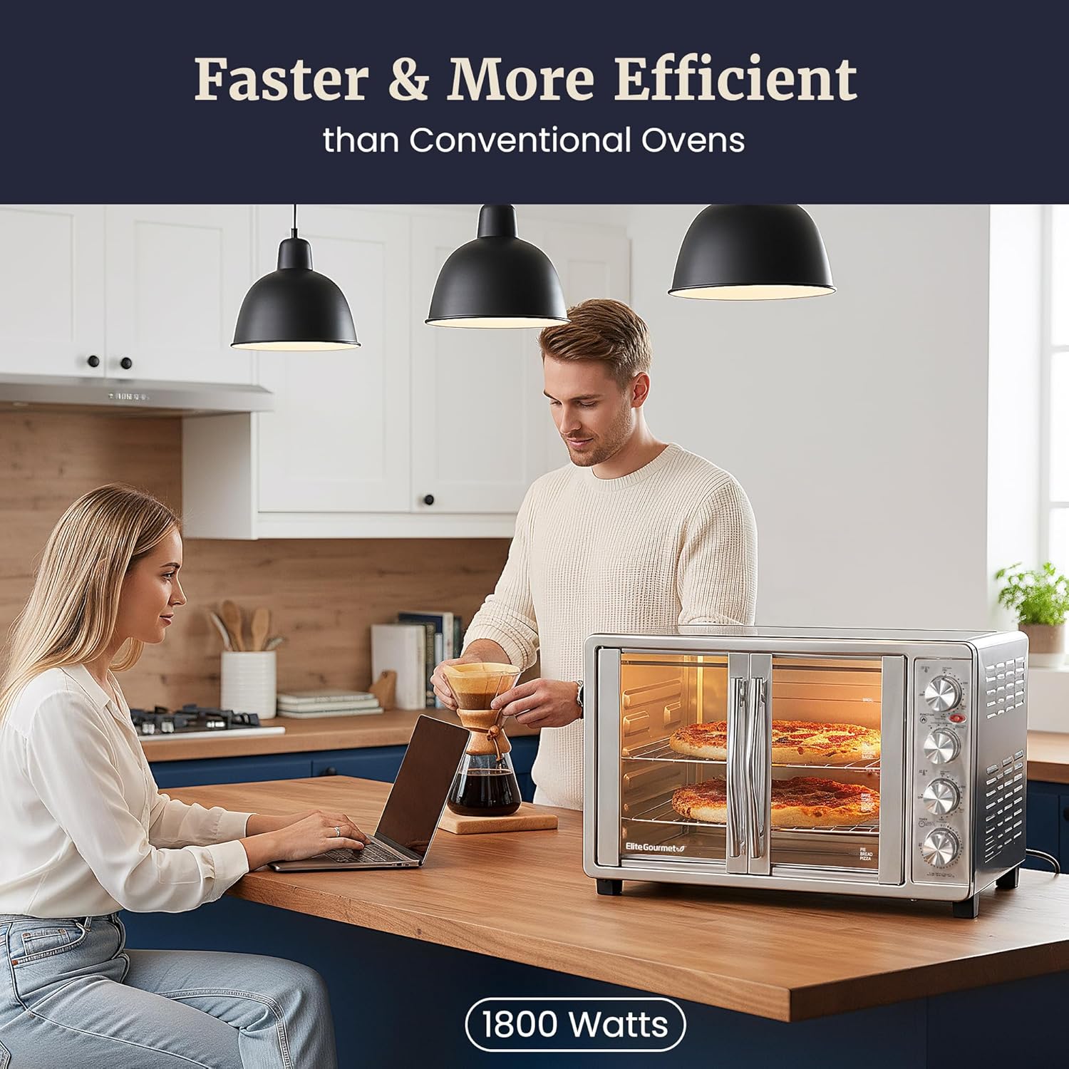 Elite Gourmet ETO-4510M French Door 47.5Qt, 18-Slice Convection Oven 4-Control Knobs, Bake Broil Toast Rotisserie Keep Warm, Includes 2 x 12" Pizza Racks