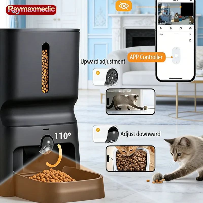 Raymax 7L Smart Automatic Pet Feeder with 1080P Night Vision Camera, Dual-Band WiFi (2.4G/5G), App Control, Voice Call, 7L Dispenser for Cats & Dogs