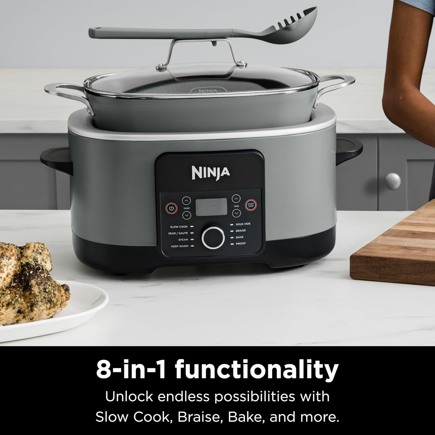 Ninja MC1001 Foodi PossibleCooker PRO 8.5 Quart Multi-Cooker, with 8-in-1 Slow Cooker, Dutch Oven, Steamer, Glass Lid Integrated Spoon, Nonstick, Oven Safe Pot to 500°F