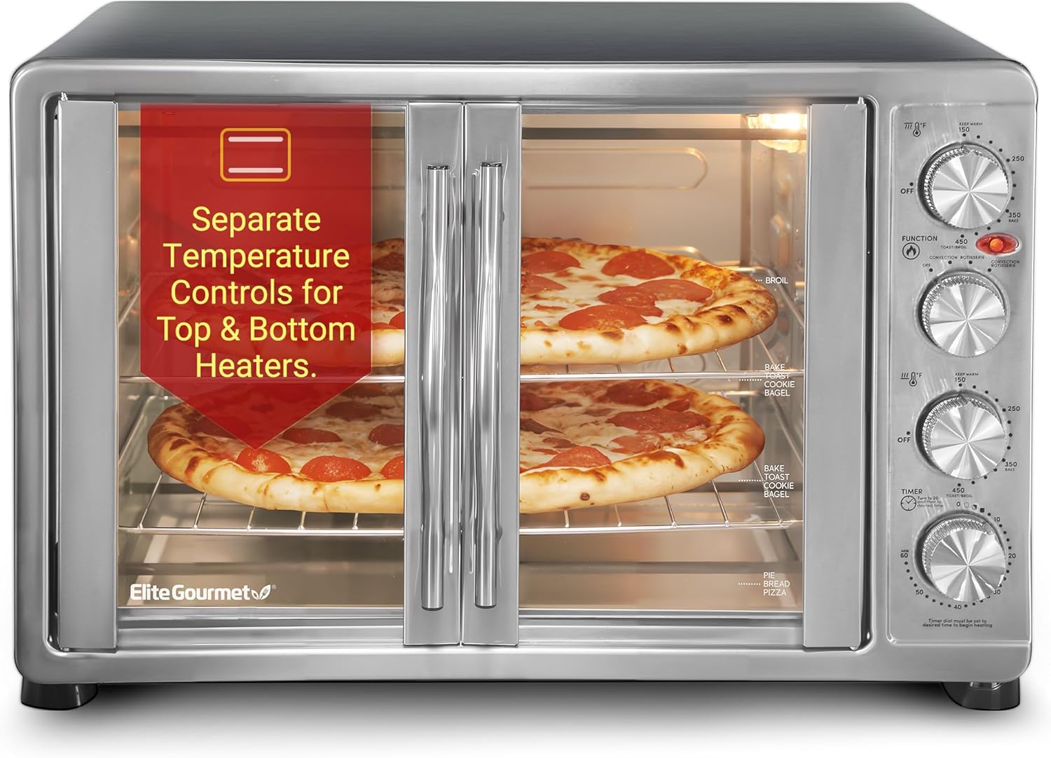 Elite Gourmet ETO-4510M French Door 47.5Qt, 18-Slice Convection Oven 4-Control Knobs, Bake Broil Toast Rotisserie Keep Warm, Includes 2 x 12" Pizza Racks